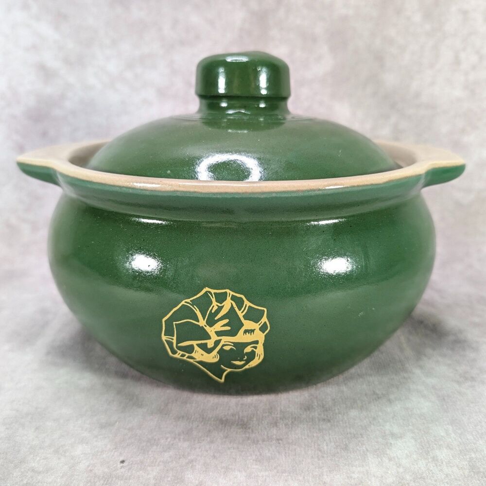 Vintage Green Western Stoneware 1605 Bean Pot Casserole Sunbonnet Dutch Girl Lid